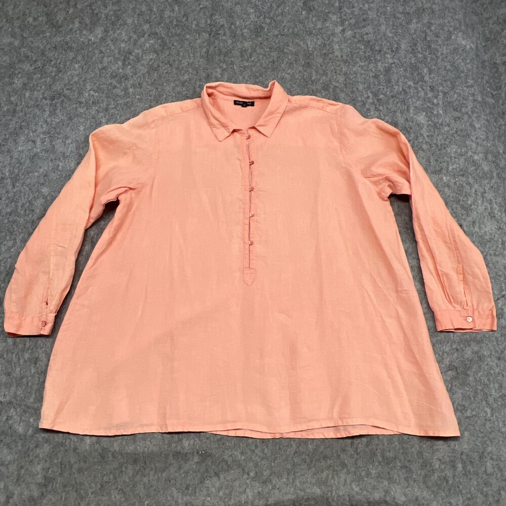 Eileen Fisher Shirt Womens L Peach Irish Linen Collared Roll Tab Sleeve Tunic